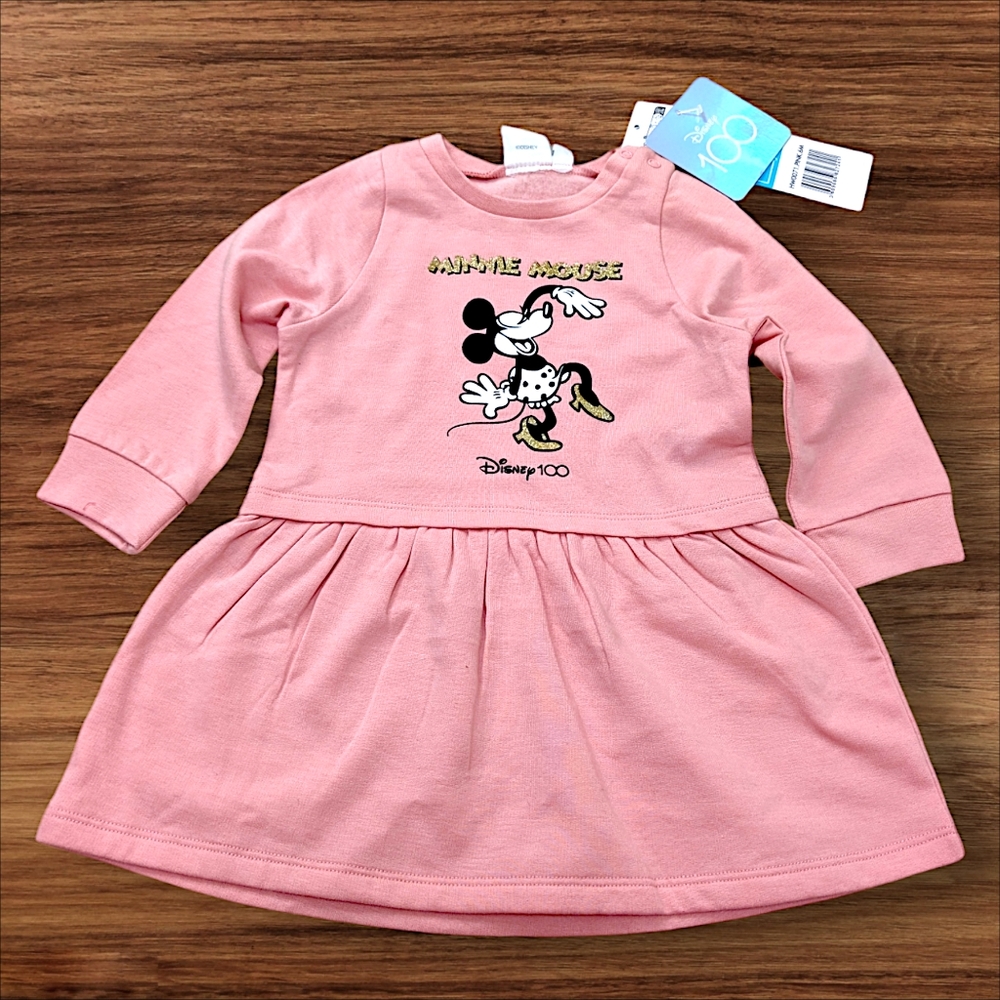 NWT Pastel Pink Minnie Mouse Adorable Disney Baby Sweater Dress Ribbed Cuffs - Picture 1 of 5